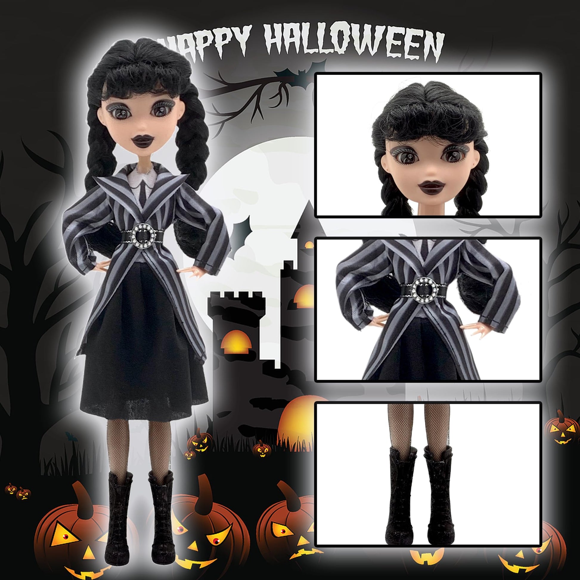 DANONI Addams Toys,Long Sleeve Dots Dress,Red Lips,Black High Heels and Black Hair,Made to Move Addams Dolls,Birthday Idea Gifts (Striped Doll +
