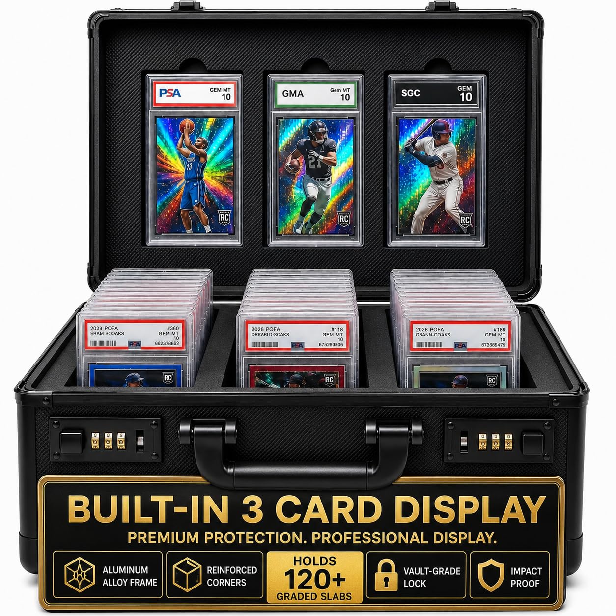 Poshy Graded Card Case - Durable PSA Slab Case with Combination Lock - 3 Row Graded Card Storage Box with 6 Foam Inserts - Compatible with PSA, GMA