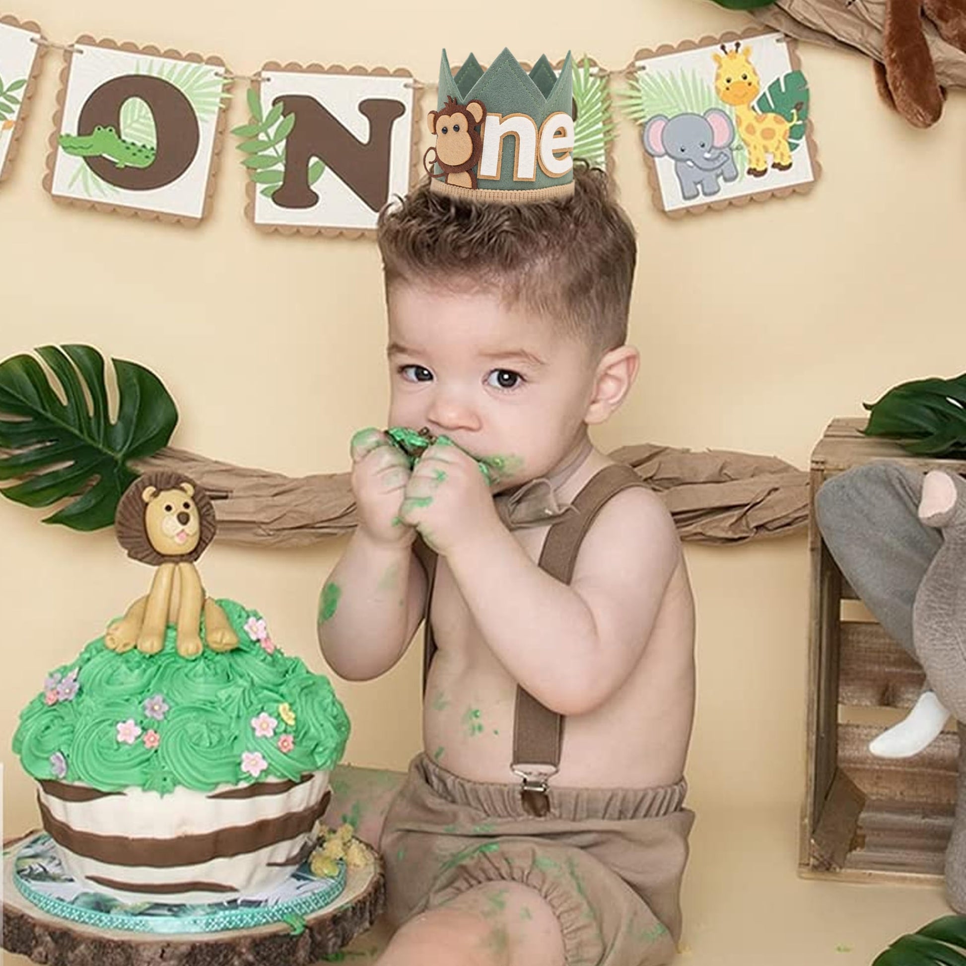 Agvgaza Monkey 1st Birthday Crown/Hat - Wild One Olive Green Safari Hat, Jungle Party Decor, Photo Prop for Boys