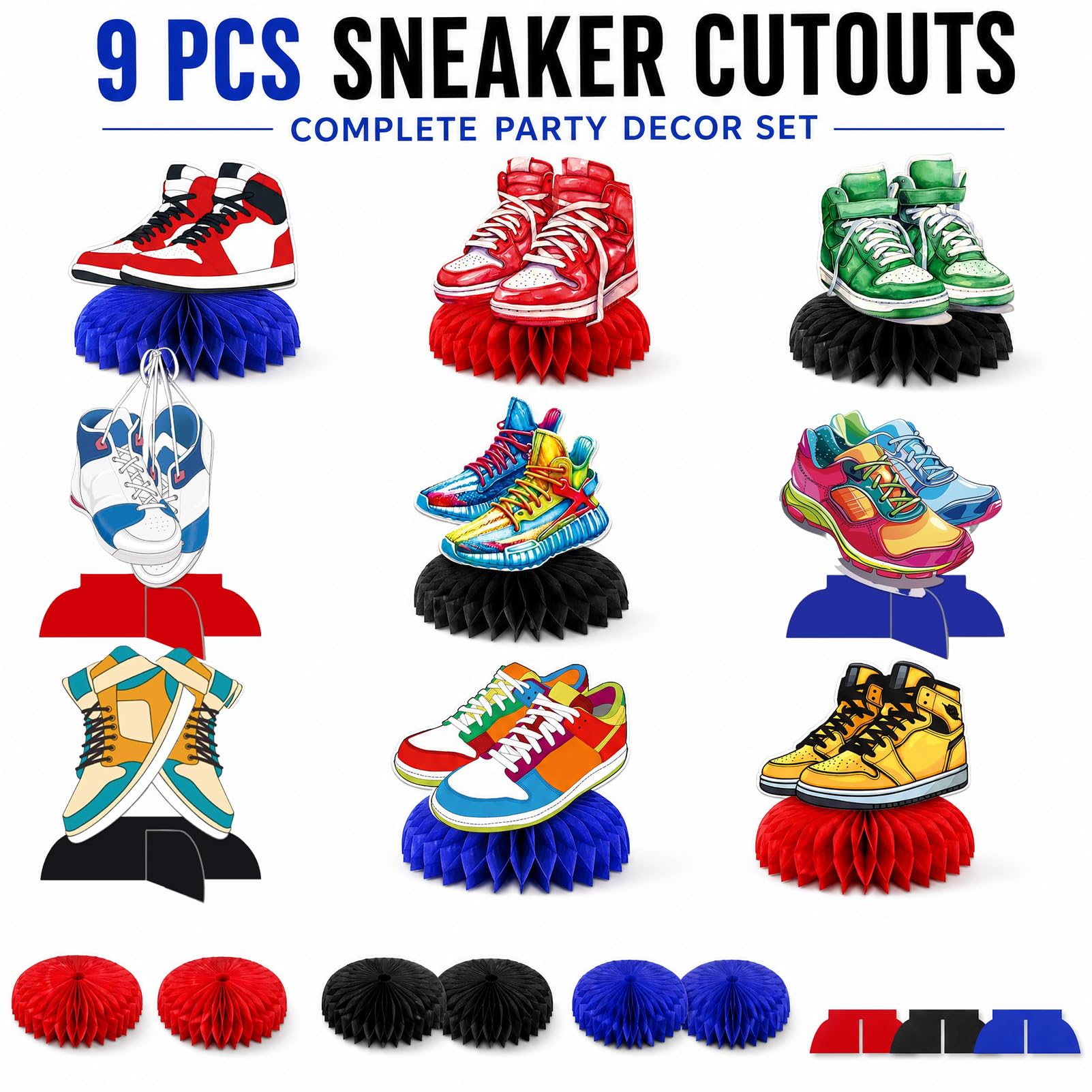 9-Piece Sneaker Honeycomb Decorations, 3D Sports Centerpieces for Table, Themed Party Supplies for Birthday Baby Shower Sport Shoes Graduation (9 Pcs)