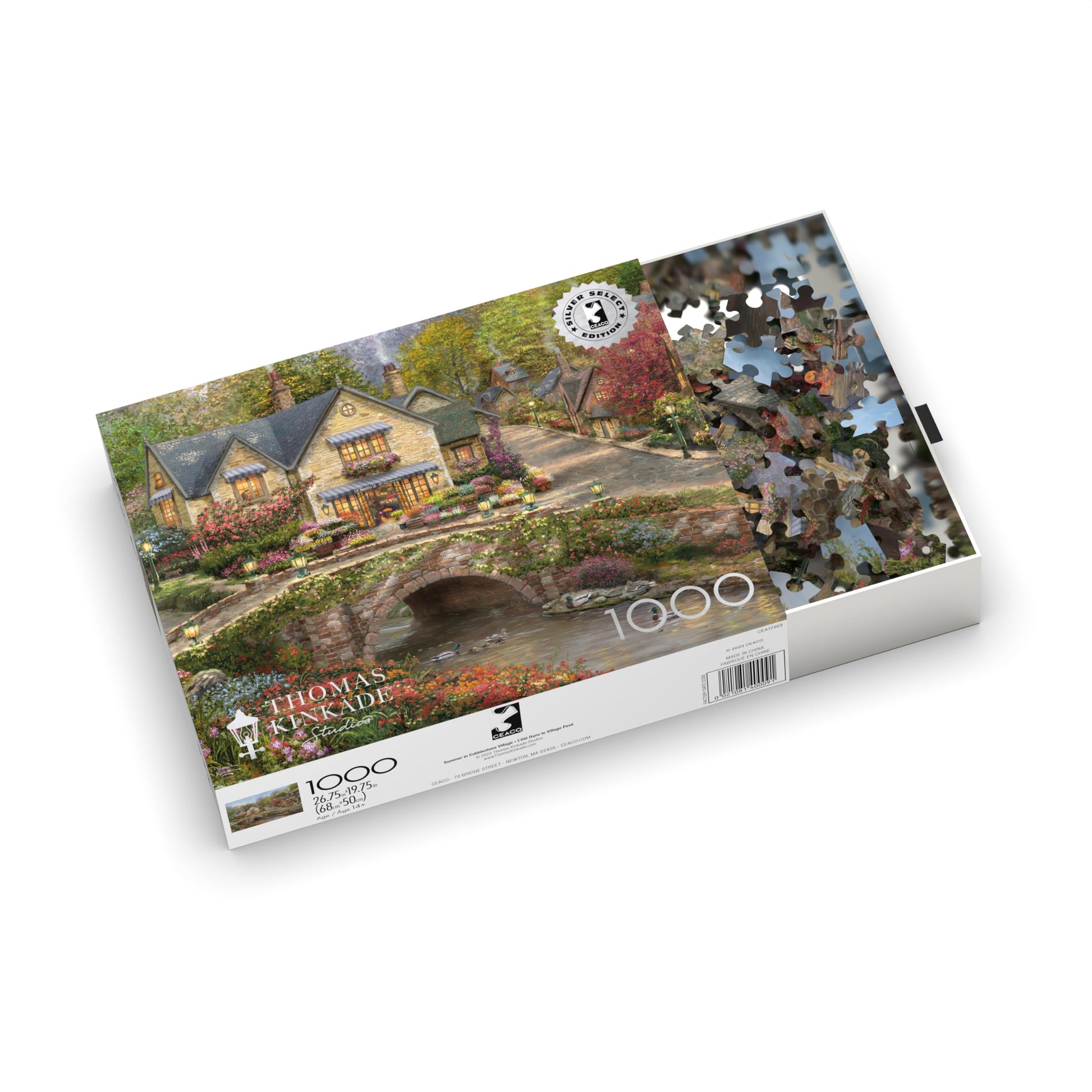 Buffalo Games Thomas Kinkade Summer in Cobblestone Village 1000 Piece Puzzle - Silver Select Premium Jigsaw Puzzle with Foil Accents & Reference