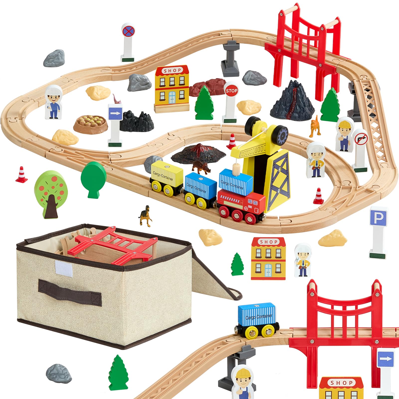 VEVOR 70PCS Wooden Train Set, with Magnetic Crane, Wood Train Track Toy for Kids Ages 3-8, Construction Crane Railway Set, Compatible with Major