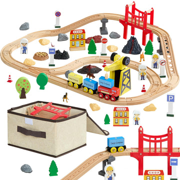 VEVOR 70PCS Wooden Train Set, with Magnetic Crane, Wood Train Track Toy for Kids Ages 3-8, Construction Crane Railway Set, Compatible with Major