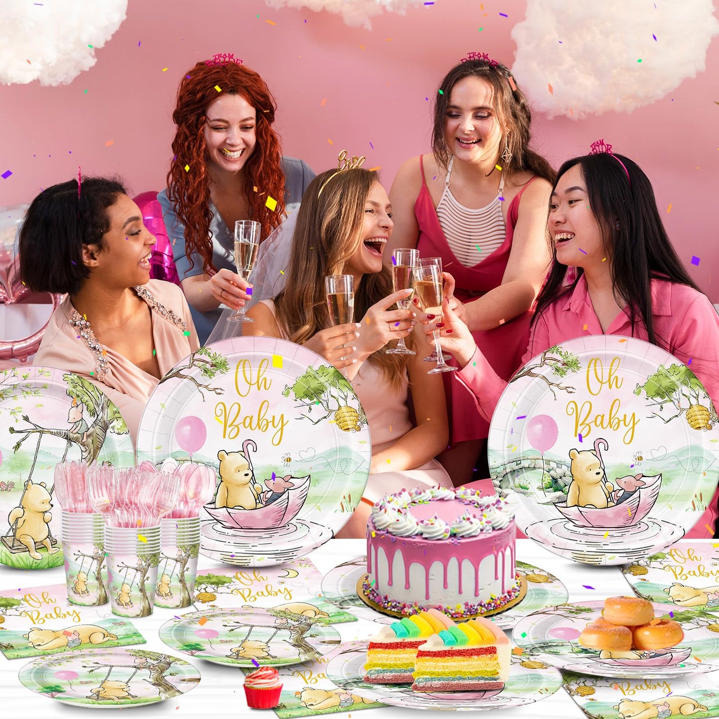168pcs Classic Winnie Bear Baby Shower Paper Plates Napkin Party Supplies Girl Baby Shower Decorations Disposable Cutlery Tableware Set Serve 24