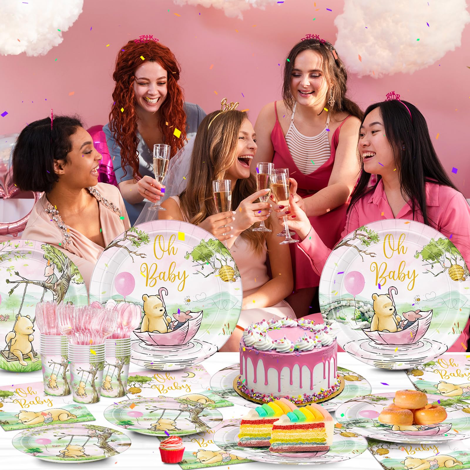 168pcs Classic Winnie Bear Baby Shower Paper Plates Napkin Party Supplies Girl Baby Shower Decorations Disposable Cutlery Tableware Set Serve 24