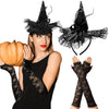 WILLBOND 4 Pcs Halloween Black Witch Hats and Lace Gloves Set, Halloween Costume Accessories, for Dress up Party Supplies
