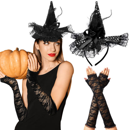 WILLBOND 4 Pcs Halloween Black Witch Hats and Lace Gloves Set, Halloween Costume Accessories, for Dress up Party Supplies