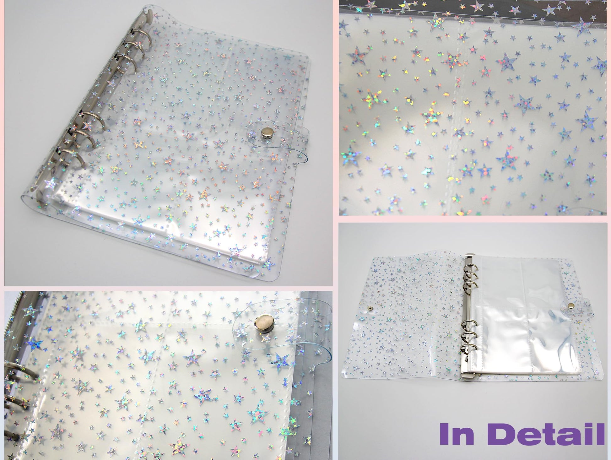 JIEADJIE Kpop Photocard Holder Book Set A5 Binder Photocard Album 6 Ring, Suit for 200 Cards 3 Inch Photo,with 50 Pcs Laser Flashing Card Sleeves,with