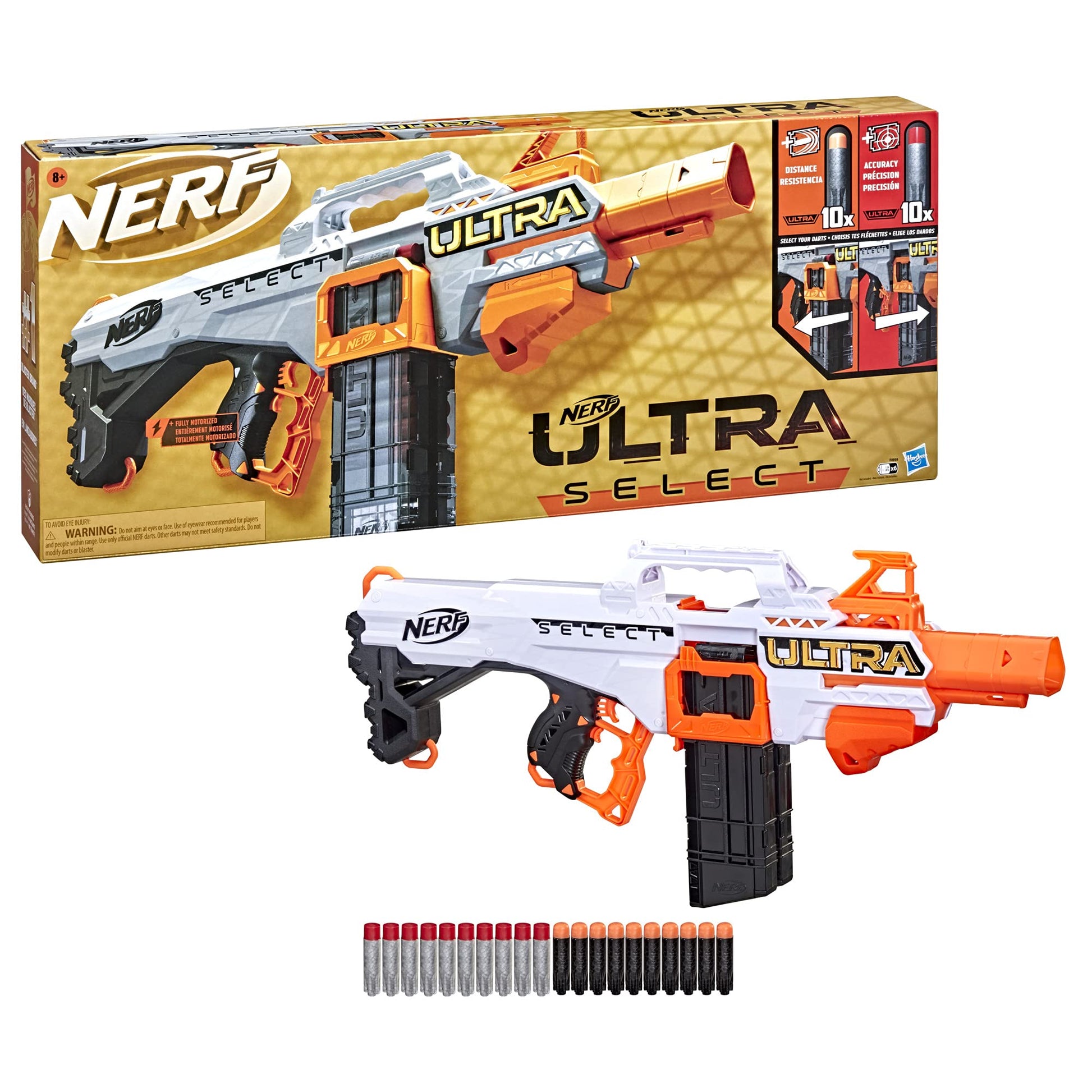 Nerf Ultra Select Fully Motorized Blaster, Fire for Distance or Accuracy, Includes Clips and Darts, Outdoor Games and Toys, Automatic Electric Full