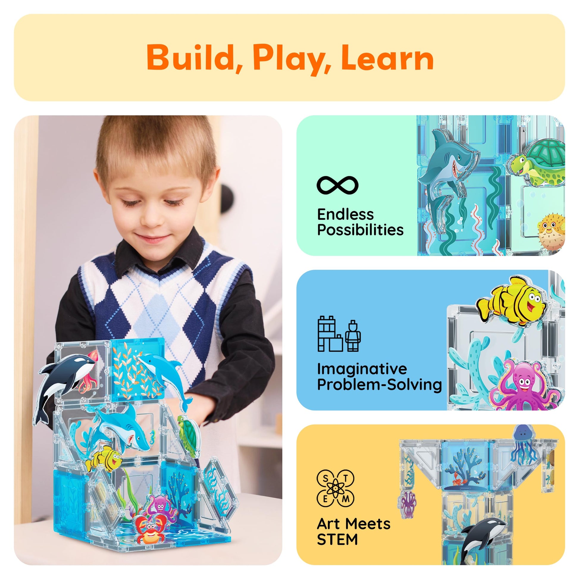 PicassoTiles Magnet Tile Building Blocks 8 Marine Animal Action Figures Compatible Magnetic Accessory Playset Tiles Kids Toys STEM Educational