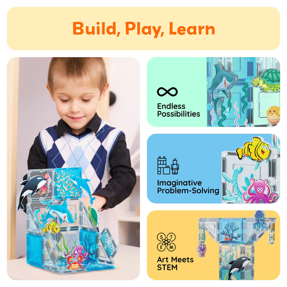 PicassoTiles 26 Piece Magnetic Tiles, Ocean Marine World STEM Set Ages 3+