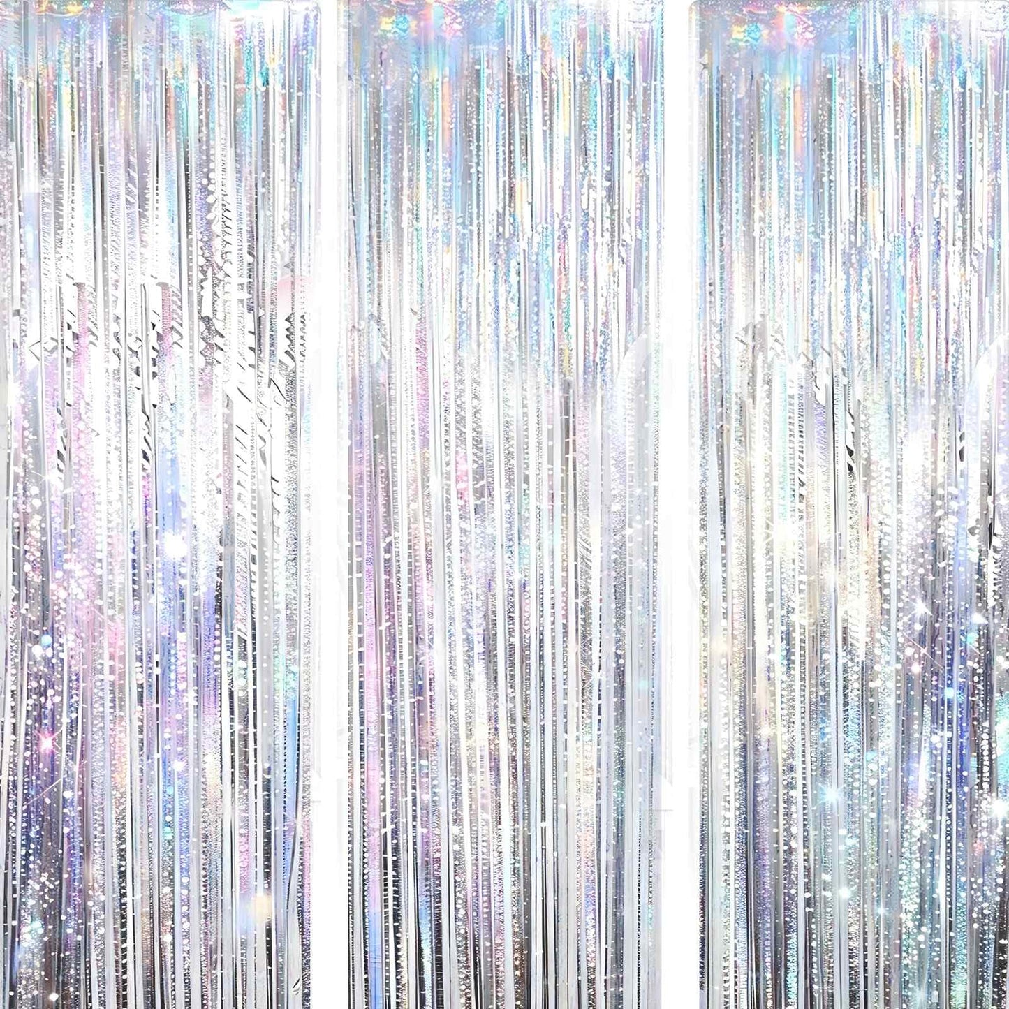 VIEBOUTI 3 Pack Silver Tinsel Fringe Backdrop Curtain, Silver Foil Streamer for Party Decor, Birthday, Wedding, Graduation, Christmas, Holiday Party
