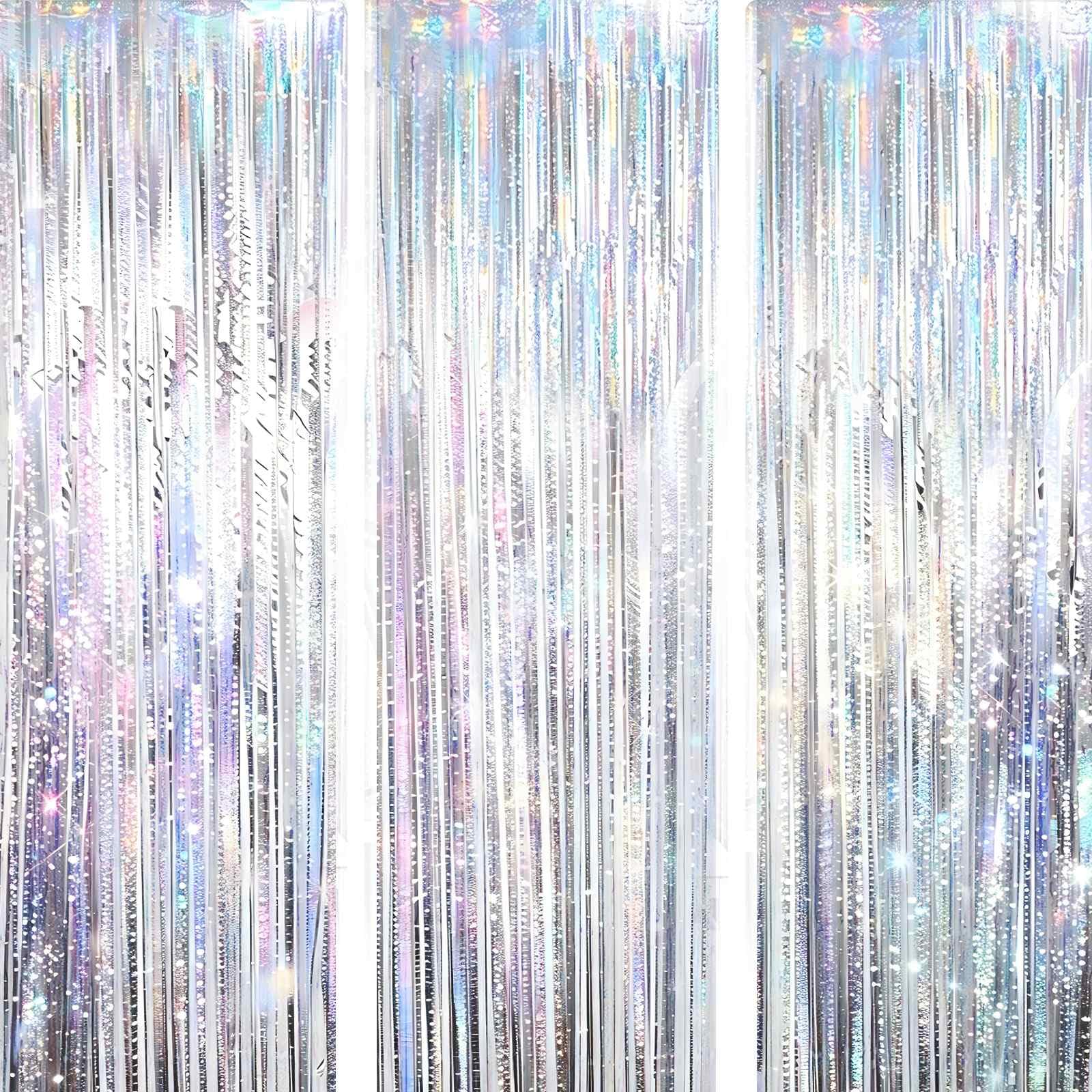 VIEBOUTI 3 Pack Silver Tinsel Fringe Backdrop Curtain, Silver Foil Streamer for Party Decor, Birthday, Wedding, Graduation, Christmas, Holiday Party