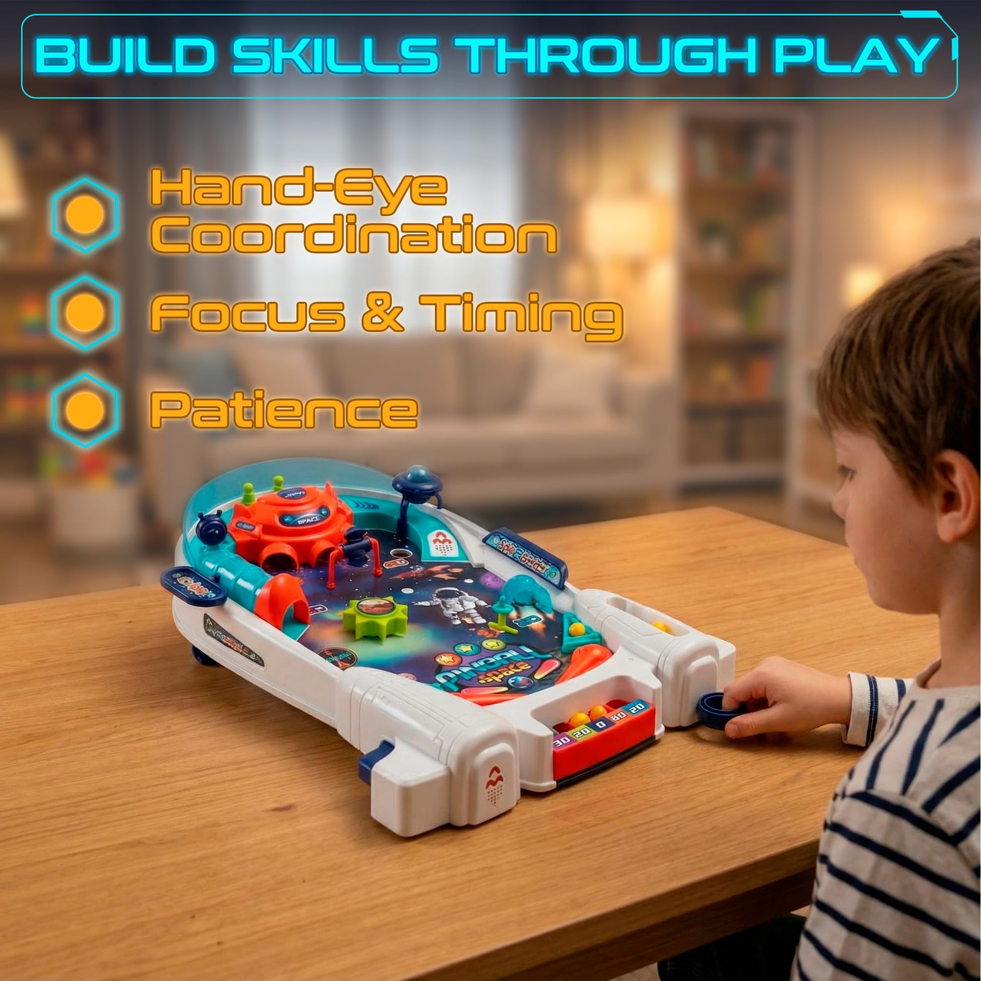OLEOCA Space Pinball Machine - Tabletop Arcade Game with Obstacles, Pull-Rod Launcher, Flippers, UFO Targets & Astronaut Theme, 1-2 Player Mini