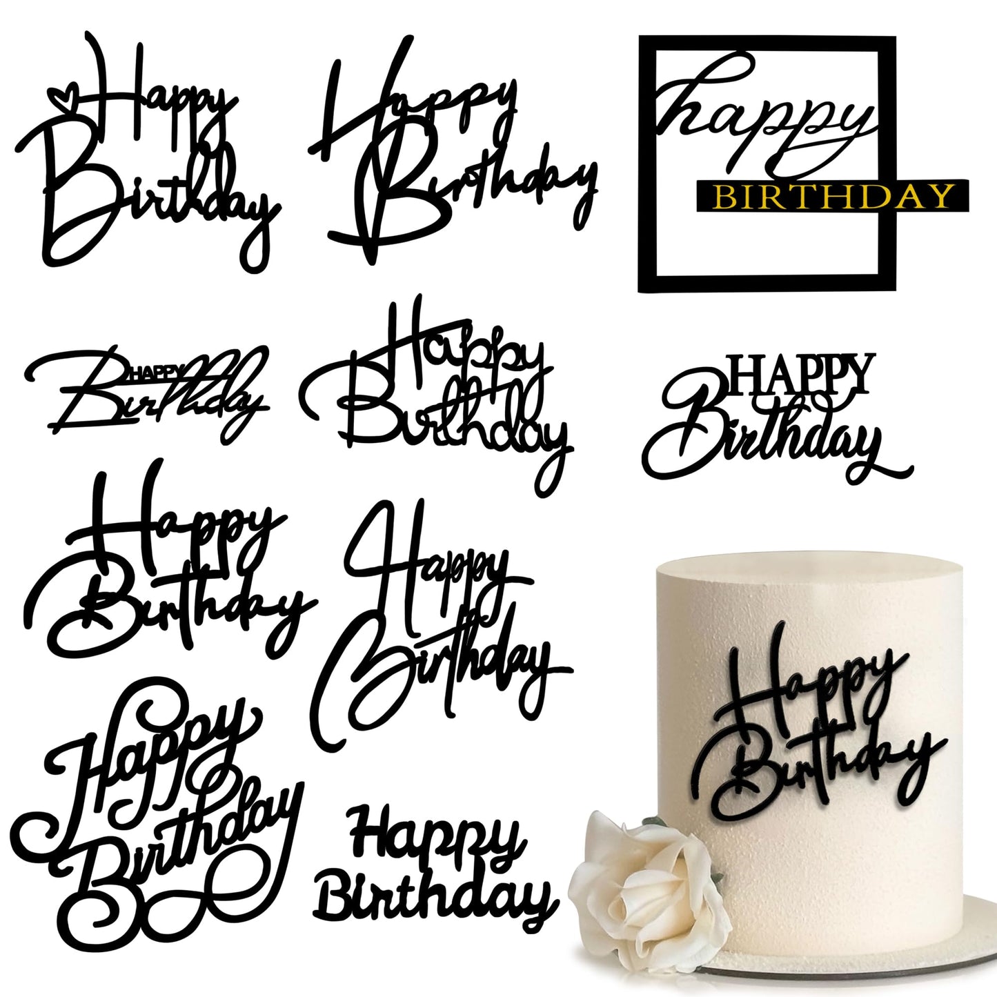 10 PCS Silver Happy Birthday Acrylic Cake Toppers Mirrored Side Cake Decorations Inserts 10 Styles (Black)