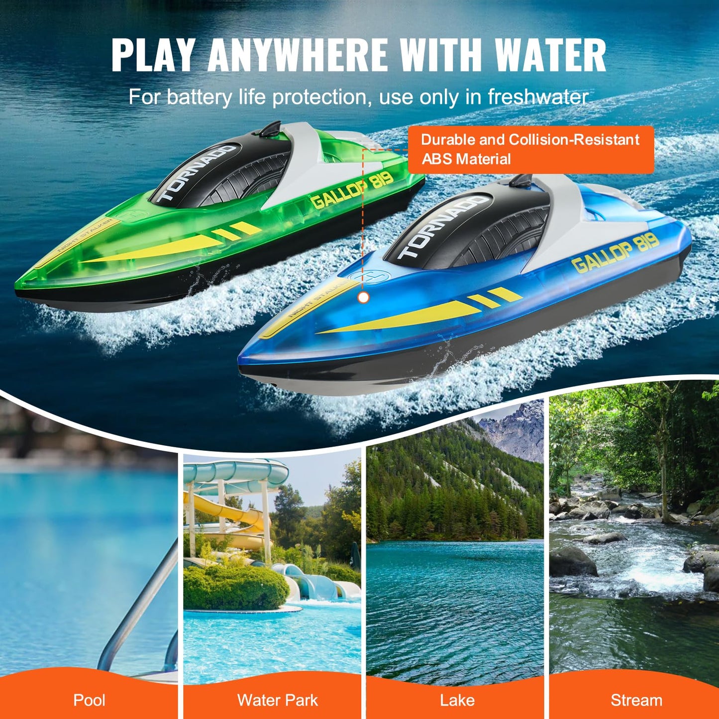 VEVOR RC Boat for Kids, 2Pack Remote Control Boat for Pools & Lakes, Racing Boat with LED Light & 4 Rechargeable Batteries, Whole Body Waterproof