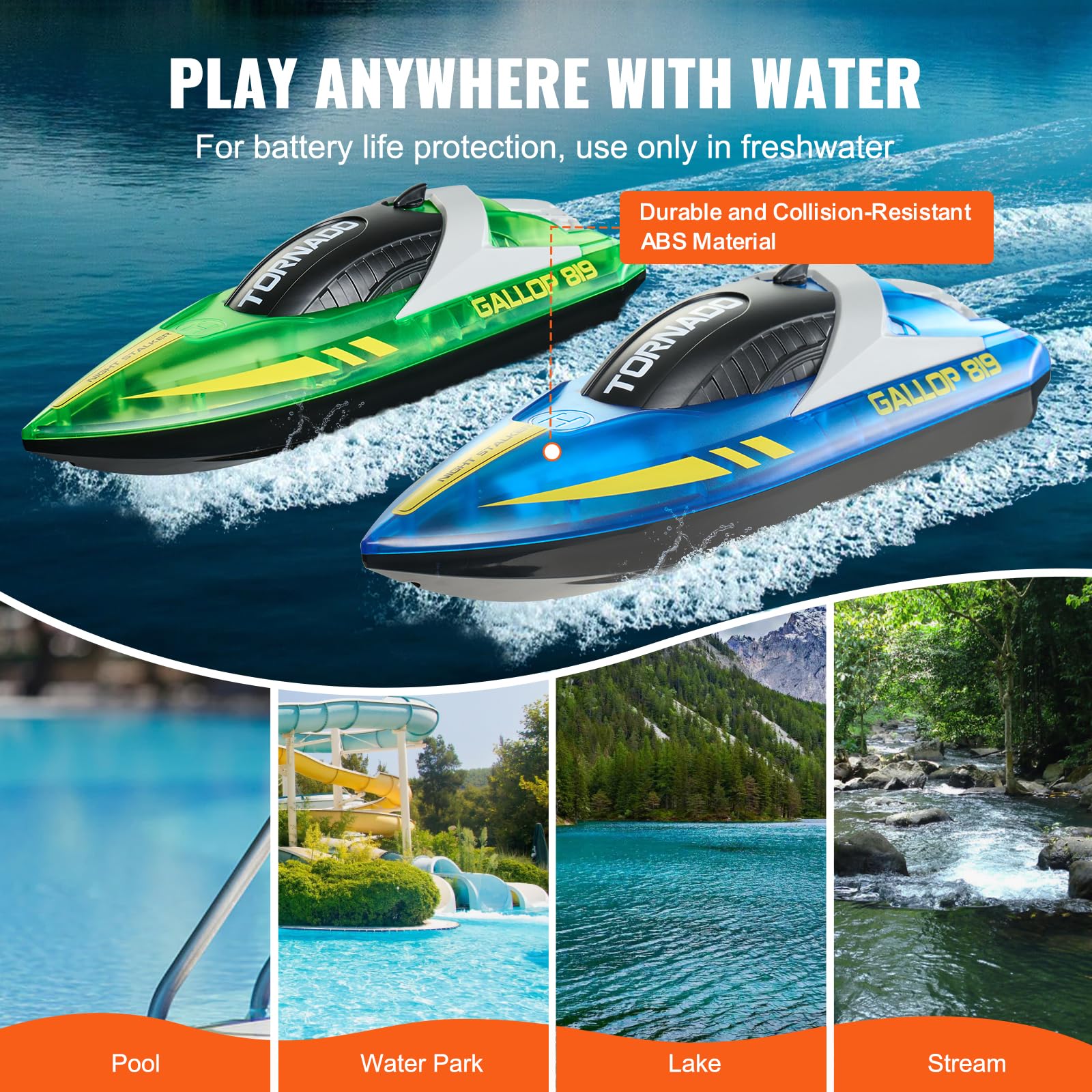 VEVOR RC Boat for Kids, 2Pack Remote Control Boat for Pools & Lakes, Racing Boat with LED Light & 4 Rechargeable Batteries, Whole Body Waterproof