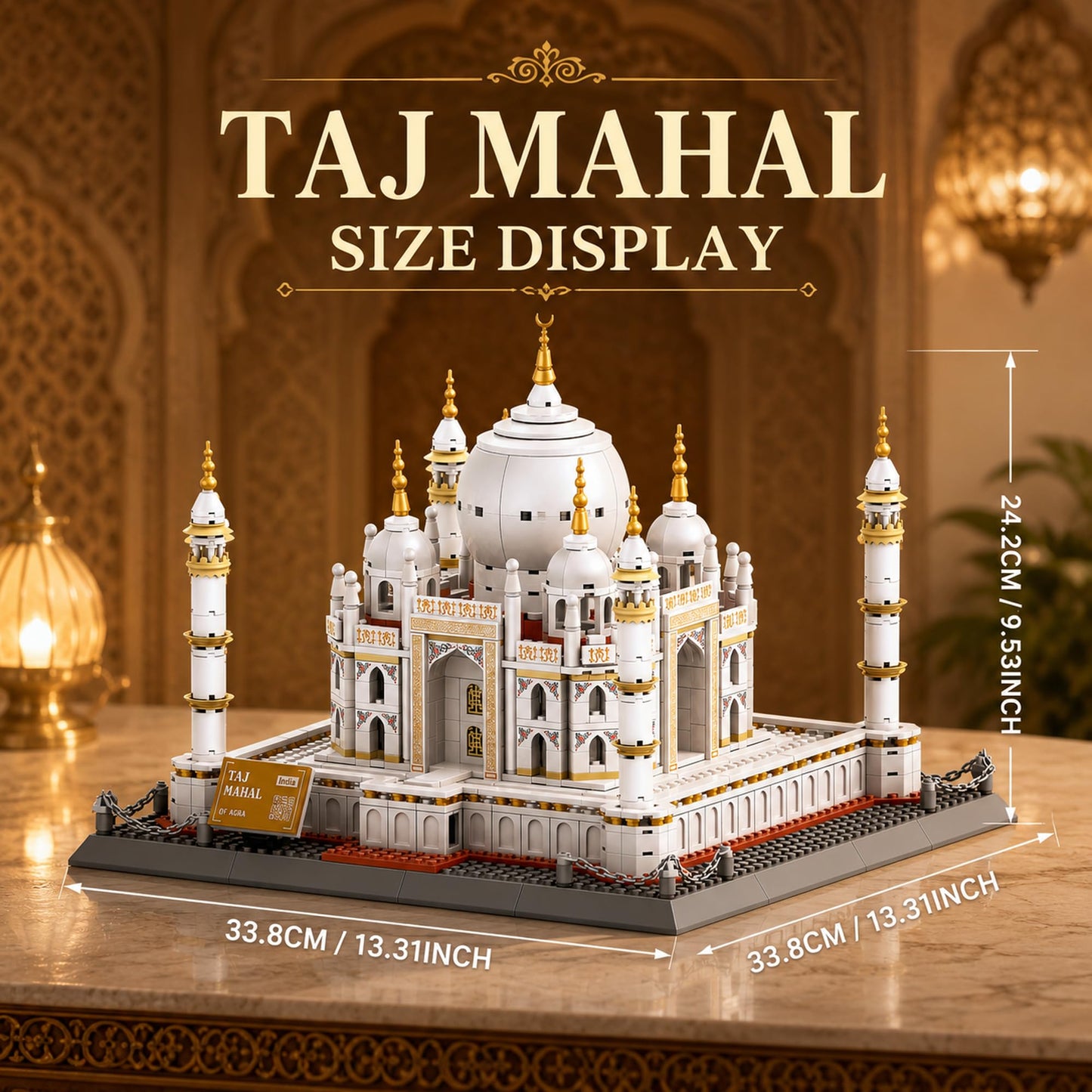 LQPFBSM Taj Mahal Building Block Set 1113 Pieces Large World Wonder Architecture Model India Landmark Souvenir with Golden Finials & Nameplate Gift