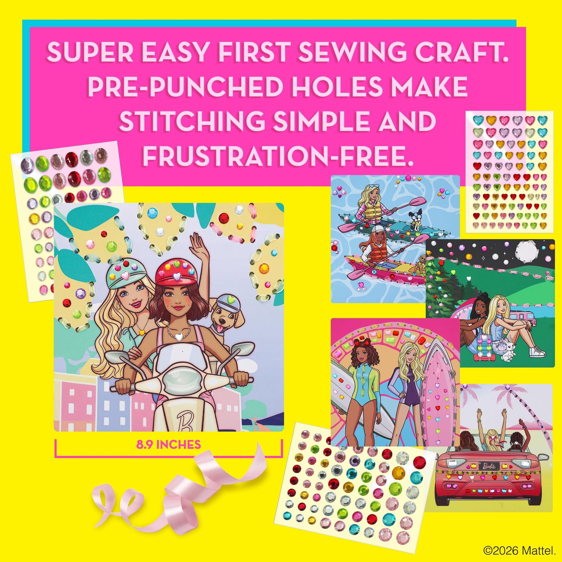 Barbie® Gem Sticker Kit for Kids Ages 4-8 - 8 Gem Sticker Art Stitch Cards with Satin Ribbons | Barbie Arts and Crafts, Craft Kit for Girls