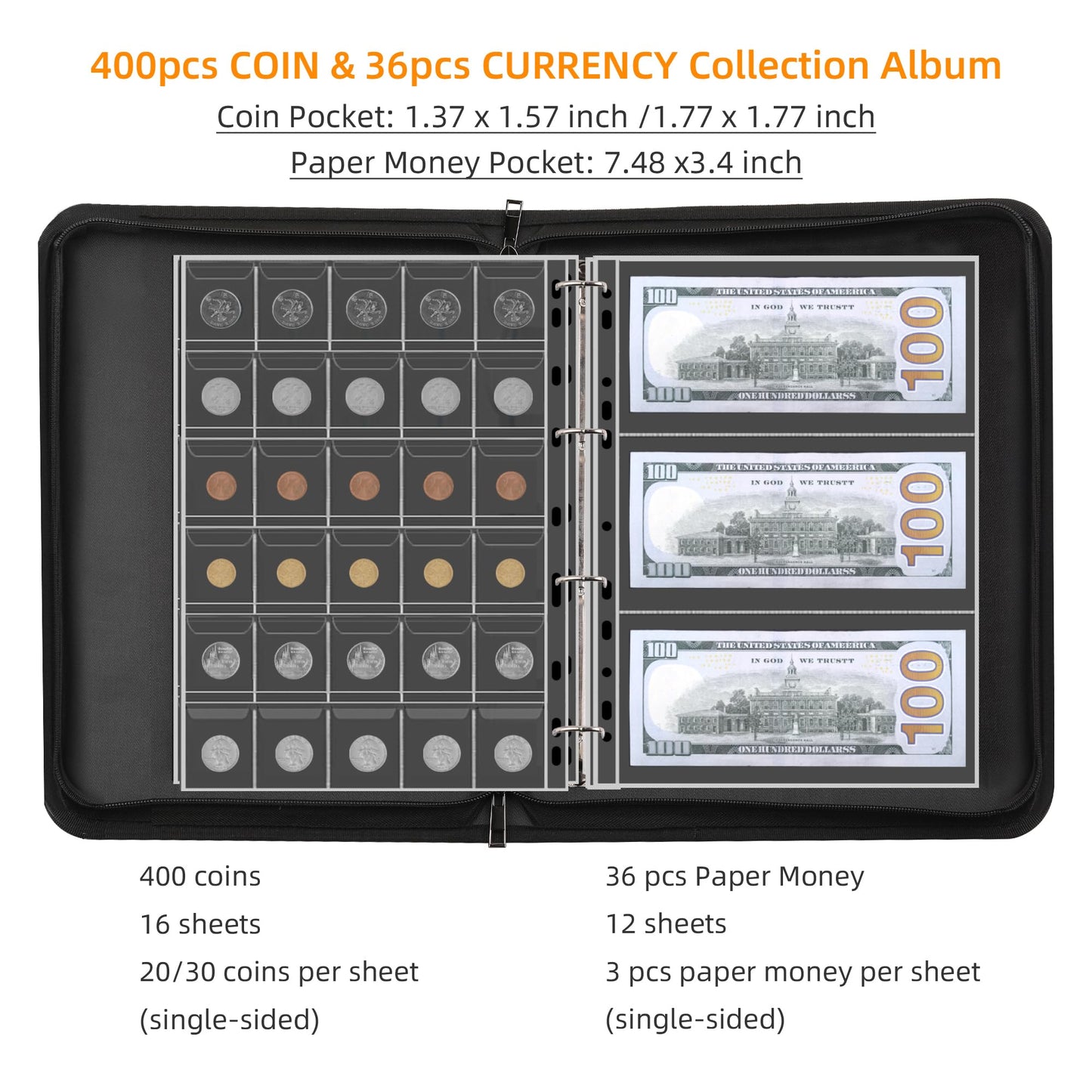 400-Pocket Fireproof Coin Collection Book & 36 Paper Money Organizer Binder