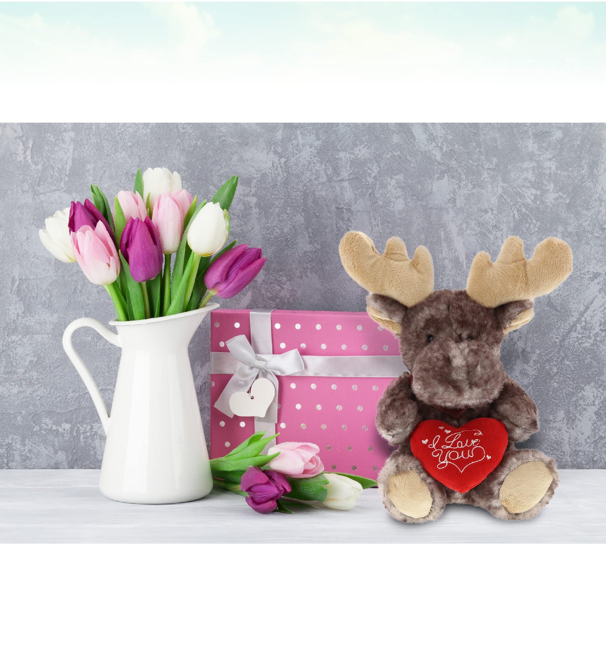 DolliBu I Love You Valentine Plush Brownish Sitting Moose - Cute Soft Cuddly Stuffed Animal with Red Heart Gift for Valentines Day, Birthday Present