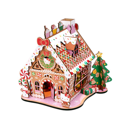 Hands Craft Hello Kitty Gingerbread House Kit - Wooden Holiday 3D Puzzle. DIY Christmas Craft Set, Winter Home Decor Holiday Display, Christmas