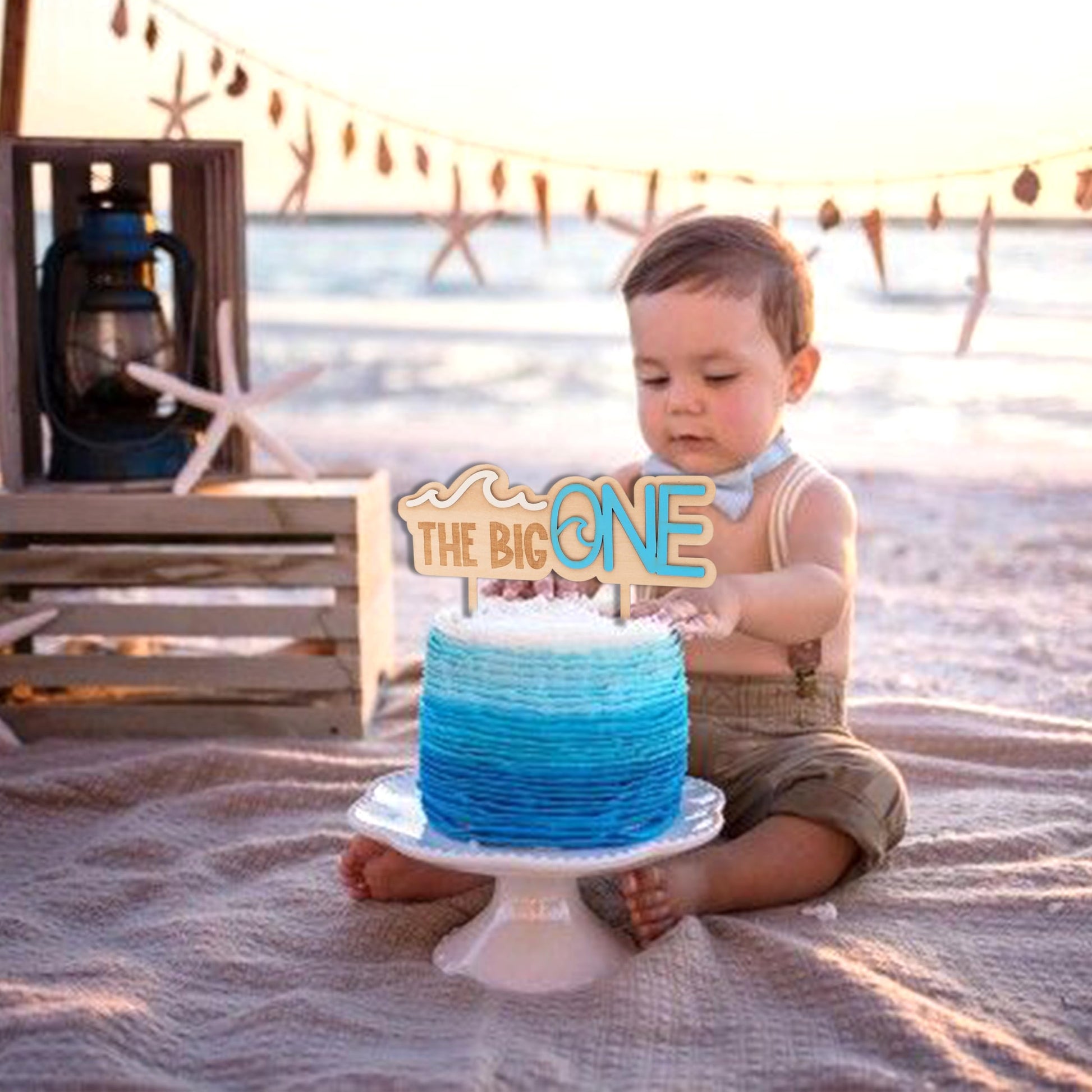 MUWEOL The Big One Wooden Cake Topper - Wave Theme First/1st Birthday Party Decoration,Surf Boy Party Decor?Smash Cake Photo Props (wave topper)