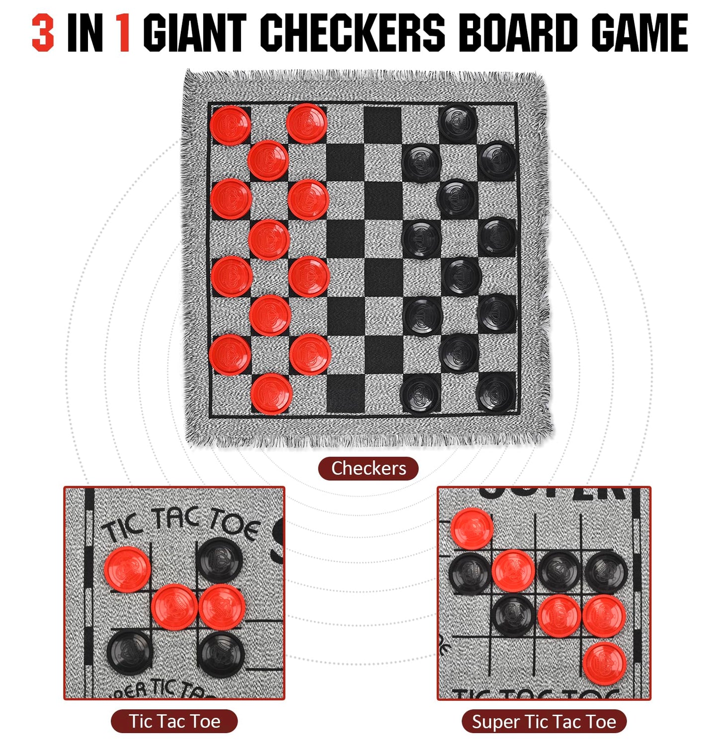 QuadPro Giant Checkers Board Game Set,3 in 1 Jumbo Tic Tac Toe Game,Classic Checkers Board Game for Kids & Adults,Large Checkers Rug Game Mat,Indoor