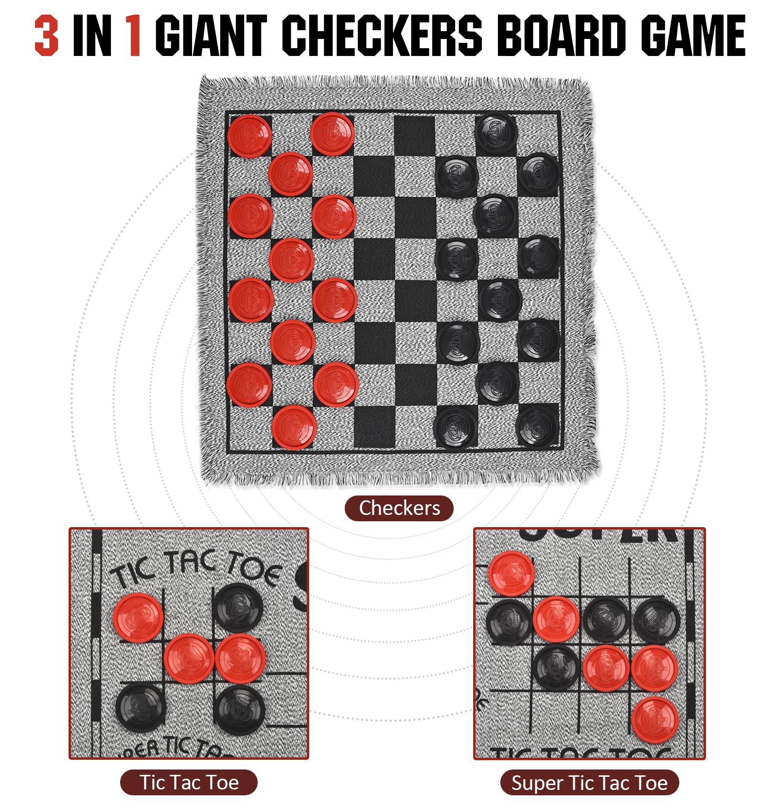 QuadPro Giant Checkers Board Game Set,3 in 1 Jumbo Tic Tac Toe Game,Classic Checkers Board Game for Kids & Adults,Large Checkers Rug Game Mat,Indoor