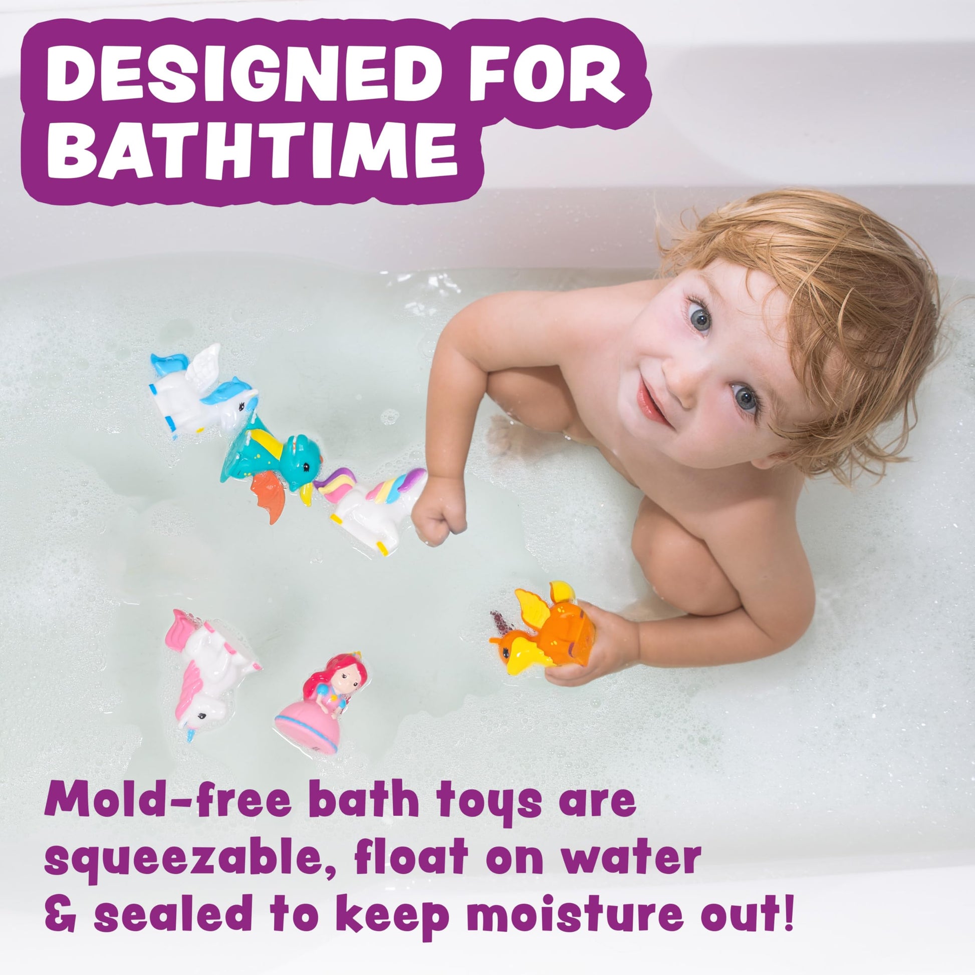 Tub Works® Fantasy Watertight Bath Toys, 6 Pack | Sealed, No Hole Bath Toys Design Keeps Moisture Out | Soft, Squeezable & Float on Water | Baby