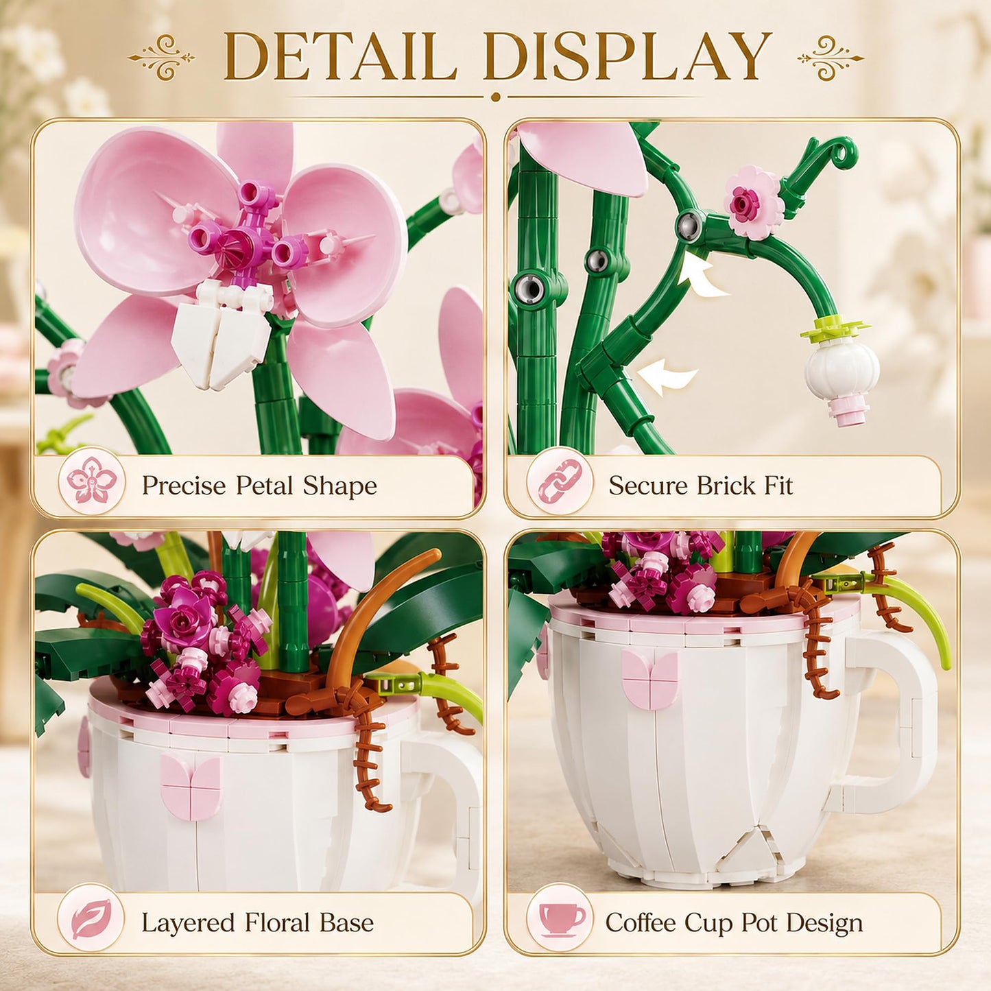 LQPFBSM Pink Orchid Flower Building Block Set in Coffee Cup 567 Pcs Botanical Bouquet Building Kit Elegant Home Office Desk Decor Creative Plant Craft