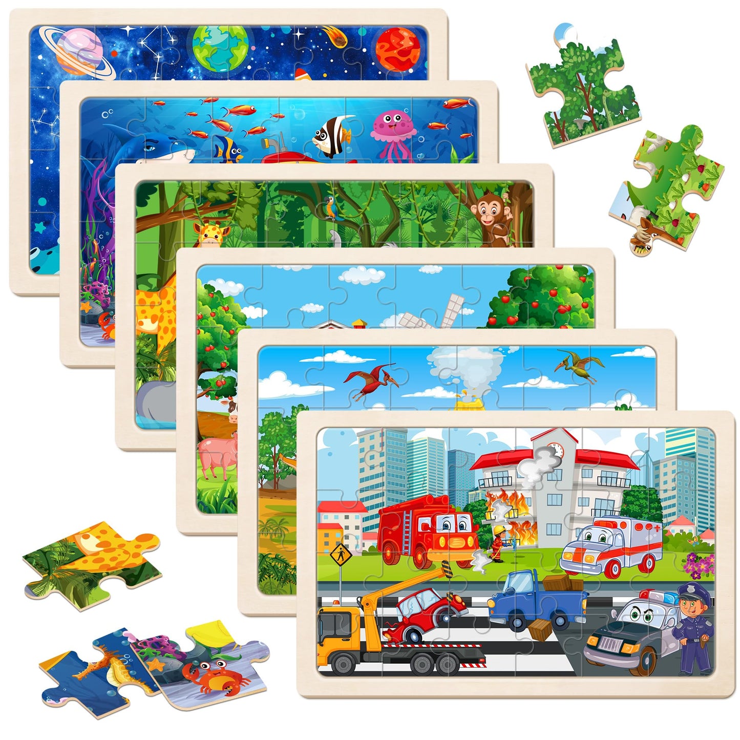 6 Packs Puzzles for Kids Ages 4-6,24Pcs Wooden Puzzles for Kids Ages 3-5,Dinosaur Animals Vehicle Space Farm Jigsaw Puzzles,Preschool Educational Toys
