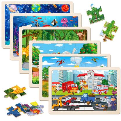 6 Packs Puzzles for Kids Ages 4-6,24Pcs Wooden Puzzles for Kids Ages 3-5,Dinosaur Animals Vehicle Space Farm Jigsaw Puzzles,Preschool Educational Toys