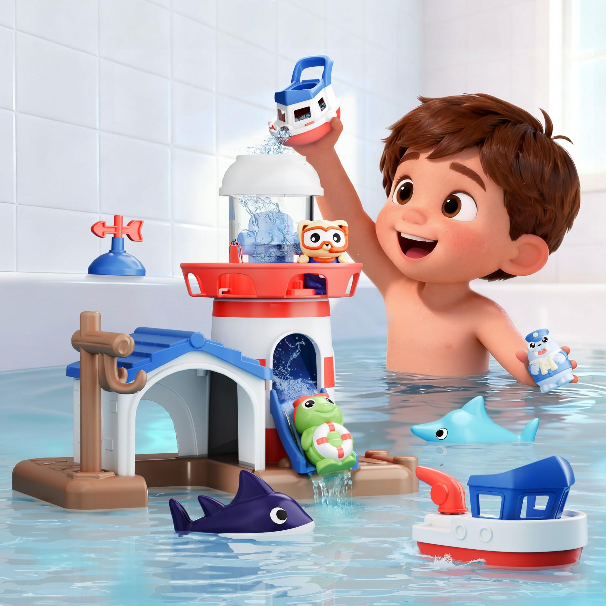 iPlay, iLearn Bath Toys for Toddlers 2-4, Kids Lighthouse Bathtub Shower Toy Set, Wind up Swimming Boat, Baby Bathtime Floating Fish Water Play, Fun