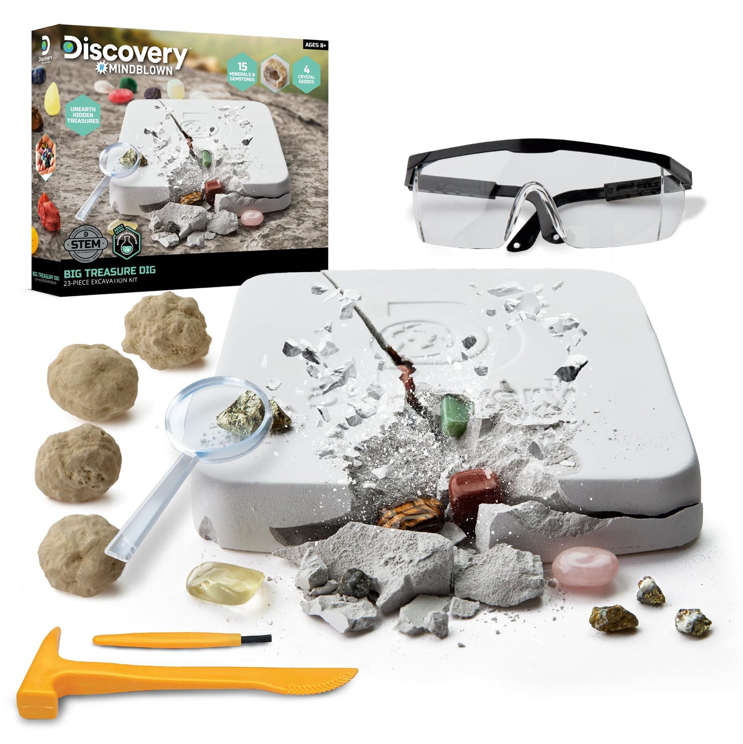 Discovery™ Big Treasure Dig STEM Kit - 23-Piece Excavation Set for Kids| Dig for 15 Gemstones, 4 Crystal Geodes & Pyrite Nuggets| Real Tools|