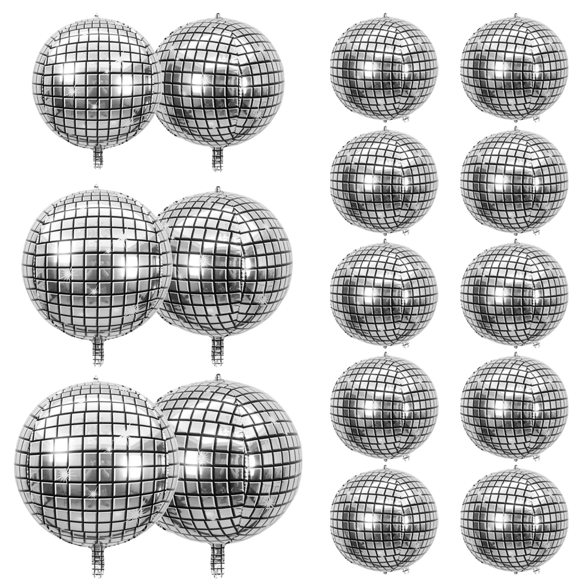 30 PCS Disco Ball Balloons Different Sizes- 4D Large Disco Balloons 10 Inch 15 Inch 18 Inch 22 Inch Assorted Round Metallic Silver Disco Balloons