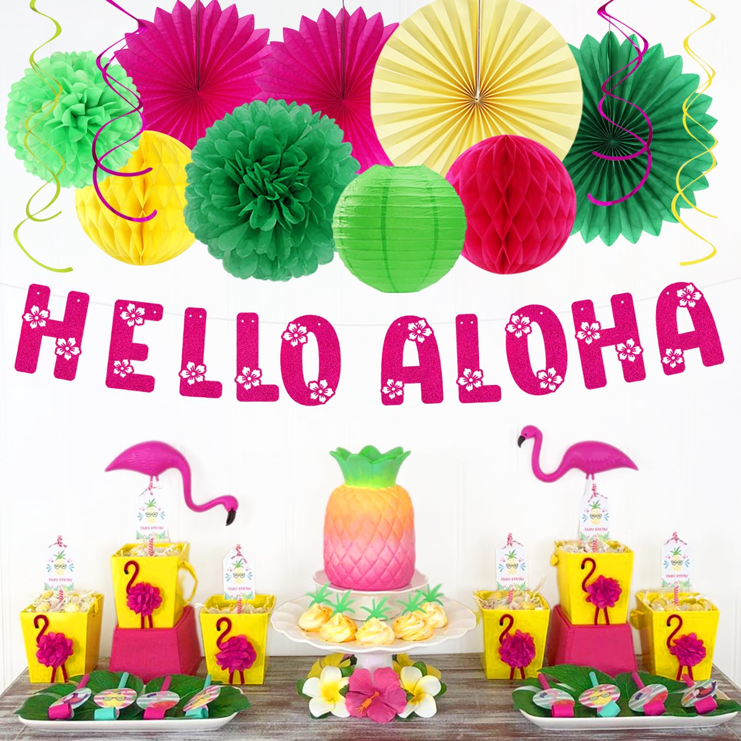 Hawaiian Aloha-Luau Flamingo Party-Decorations Supplies - 21pcs Hello Banner,Pool Paper Lanterns Honeycomb,Beach Theme Streamers Garland,Tissue Pom