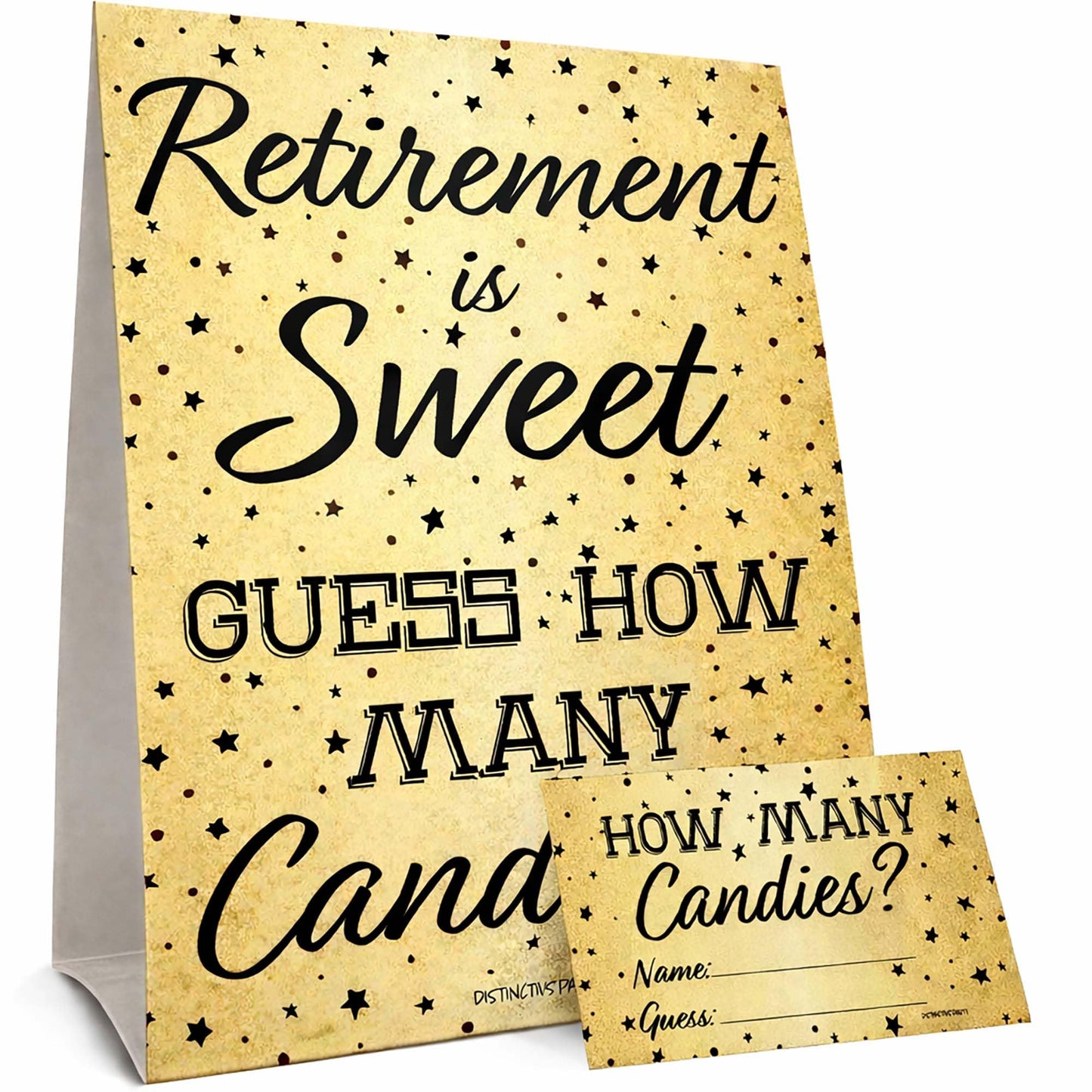 DISTINCTIVS Retirement Party Game - Guess How Many Candies in the Jar - Black and Gold Retirement Game with 5" x 7" Sign and 30 Guessing Cards