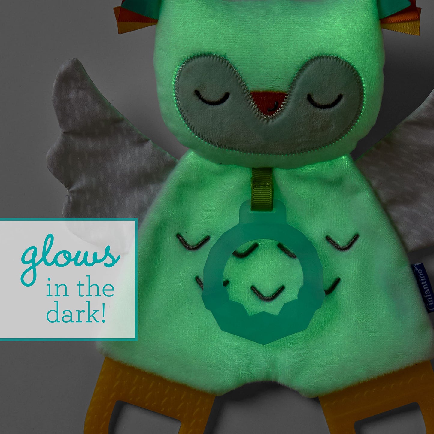 Infantino Glow-in-the Dark Cuddly Teether - Owl Soft Toy with 3 Textured Teethers, Fiddle Flags, Crinkle Sounds, Soft Material, On the Go Toy