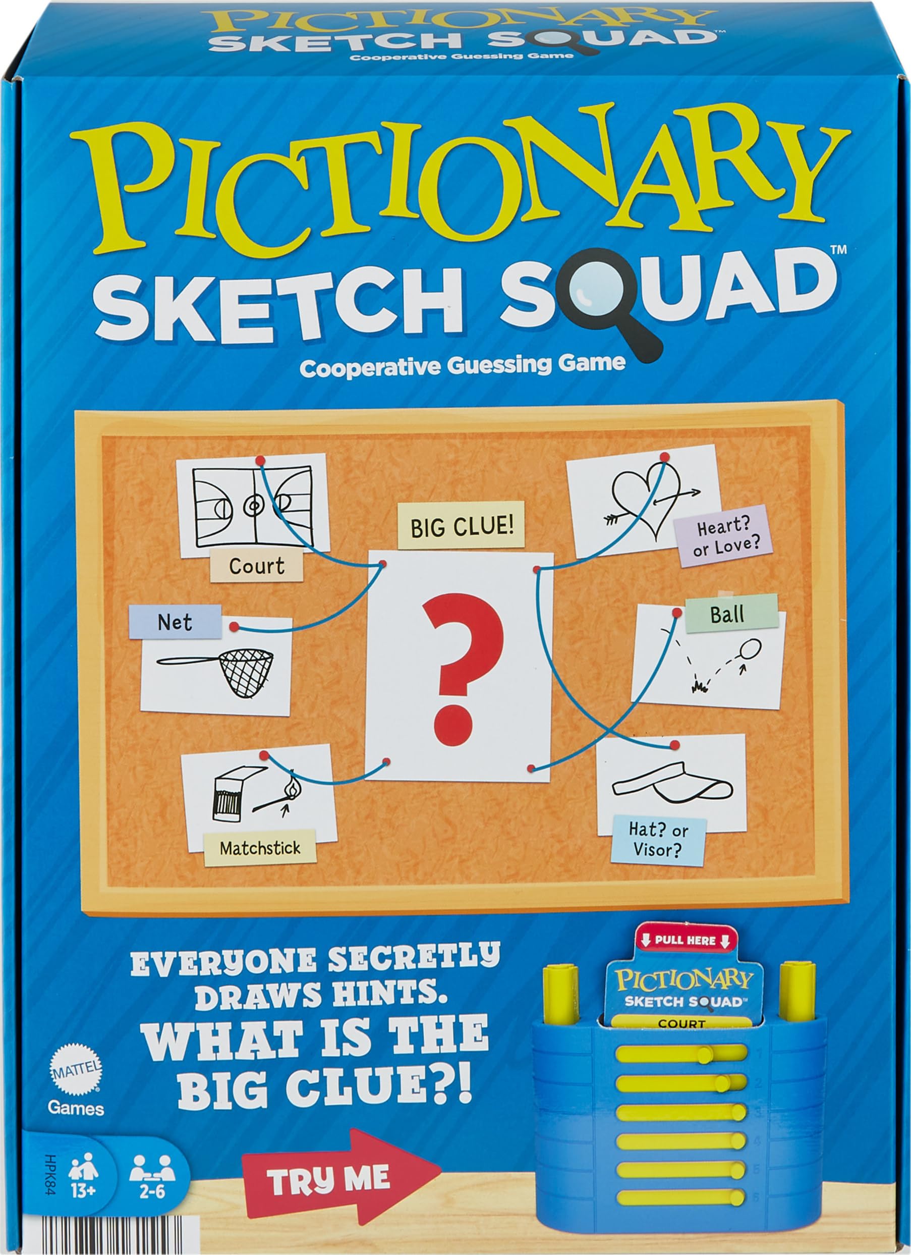 Mattel Games Pictionary Sketch Squad Cooperative Party Game with Clues Case, 2- to 6-Player Drawing Game