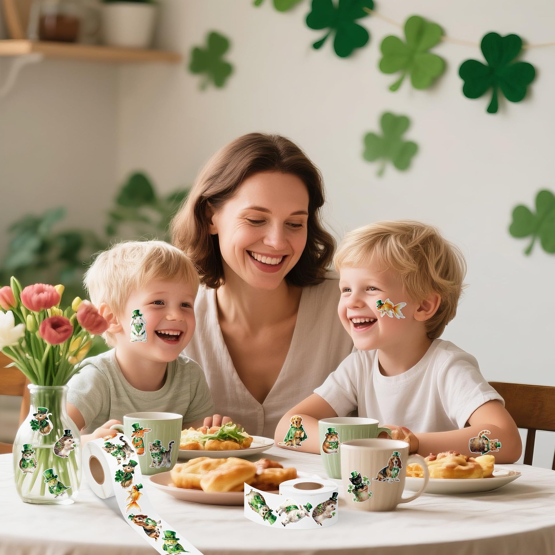 DSjuedui Easter Watercolor Animal Roll Stickers - 2000Pcs Spring Green Shamrock Dog Cat Birds Cartoon Stickers for Kids, Irish St Patrick's Day