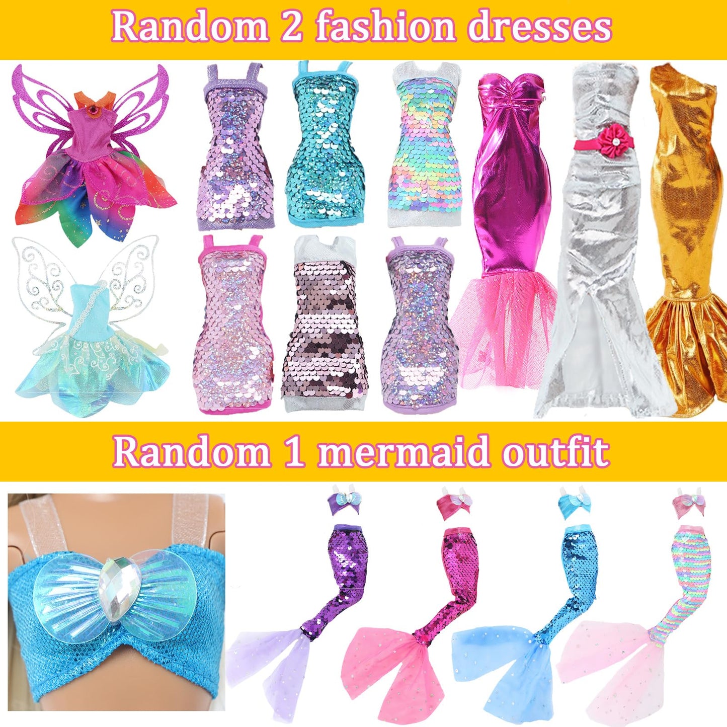 60pcs Doll Clothes and Accessories Fashion Dress Wedding Gowns, Daily Tops Pants Outfits Jumpsuit Swimsuits Bikini, 10 Mini Dresses Skirts, Shoes
