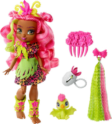 Mattel Cave Club Fernessa Doll (8-10-inch, Pink Hair) Poseable Prehistoric Fashion Doll with Dinosaur Pet and Accessories, Gift for 4 Year Olds and Up