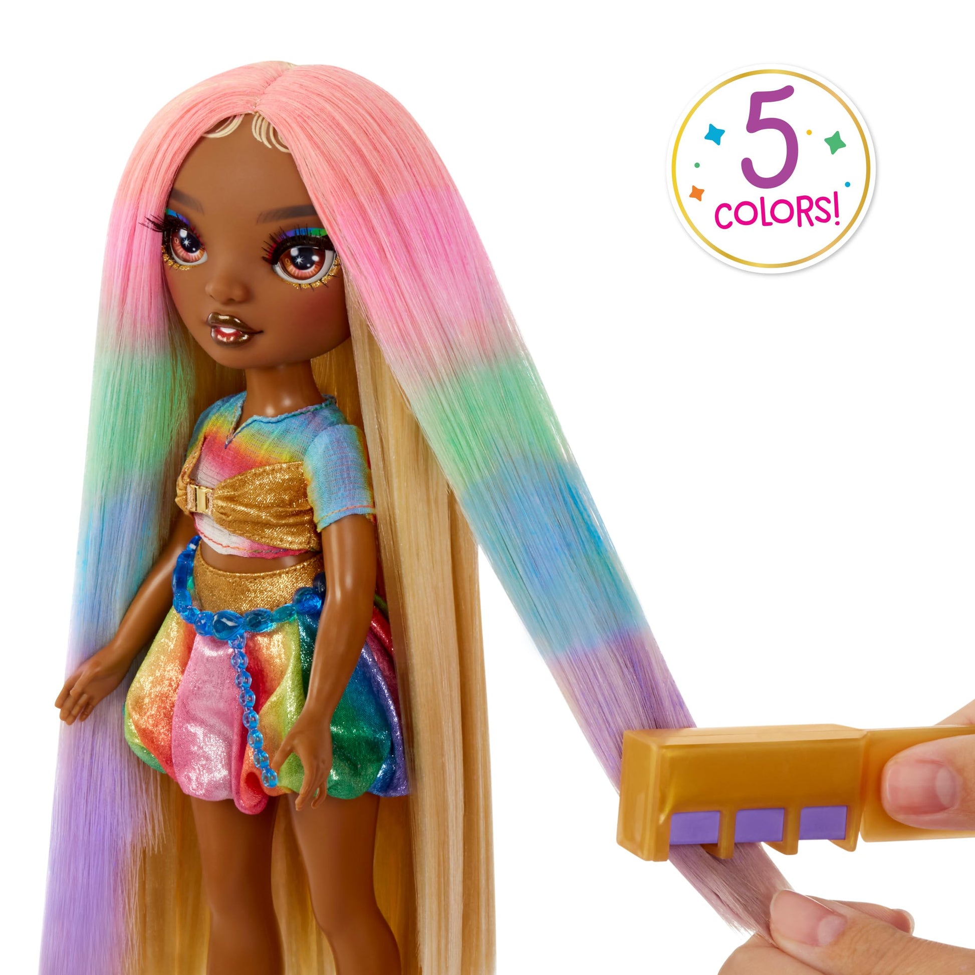 Rainbow High Hair Chalk & Style Meline - Rainbow & Gold 11” Doll. Washable Rainbow Hair Chalk, Color, Style, Play, Rinse & Repeat. Kids Gift 4-12+