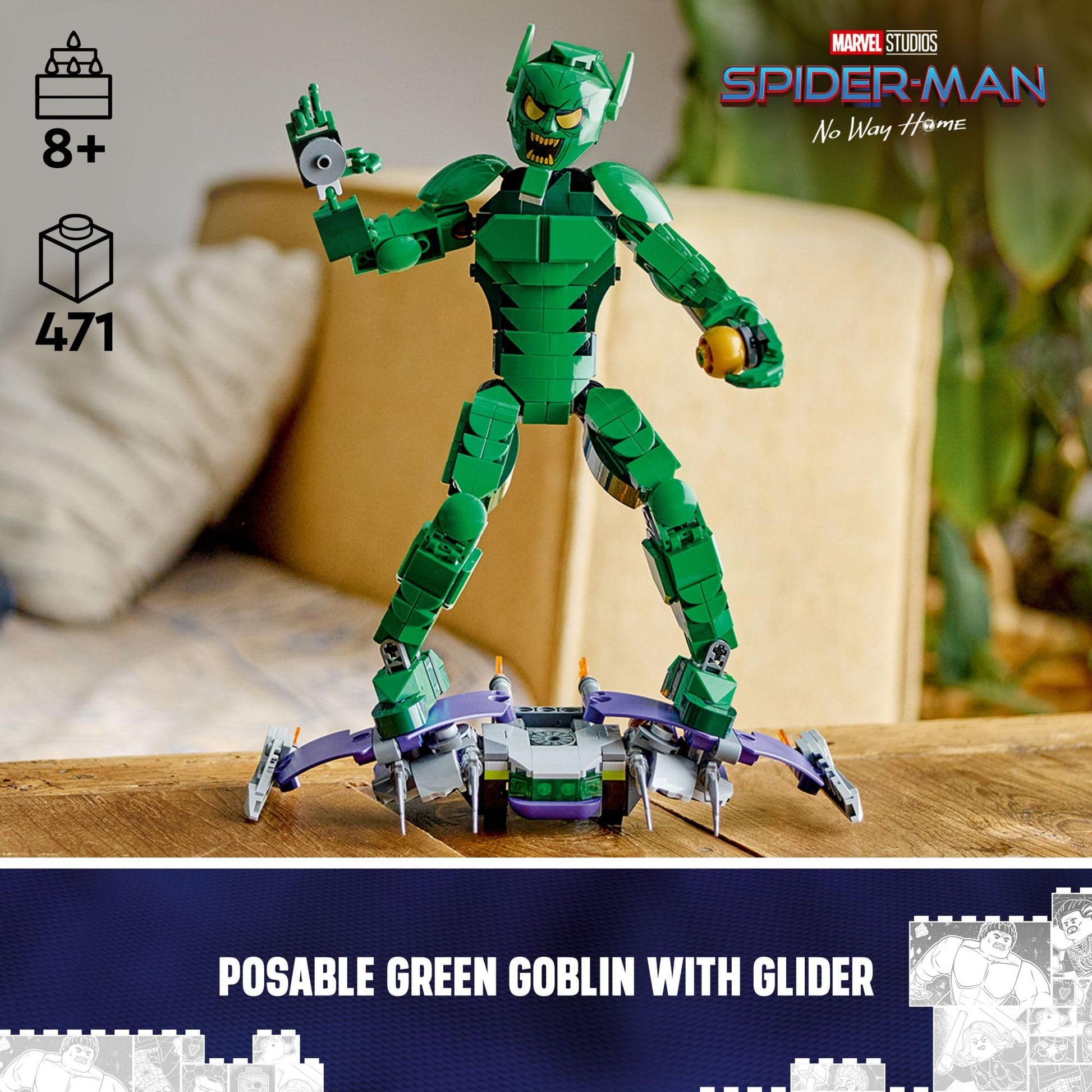 LEGO Marvel Green Goblin Construction Figure - Building Toy for Boys & Girls, Ages 8+ - Marvel Villain Action Figure W/Glider and Pumpkin Bombs - Gift