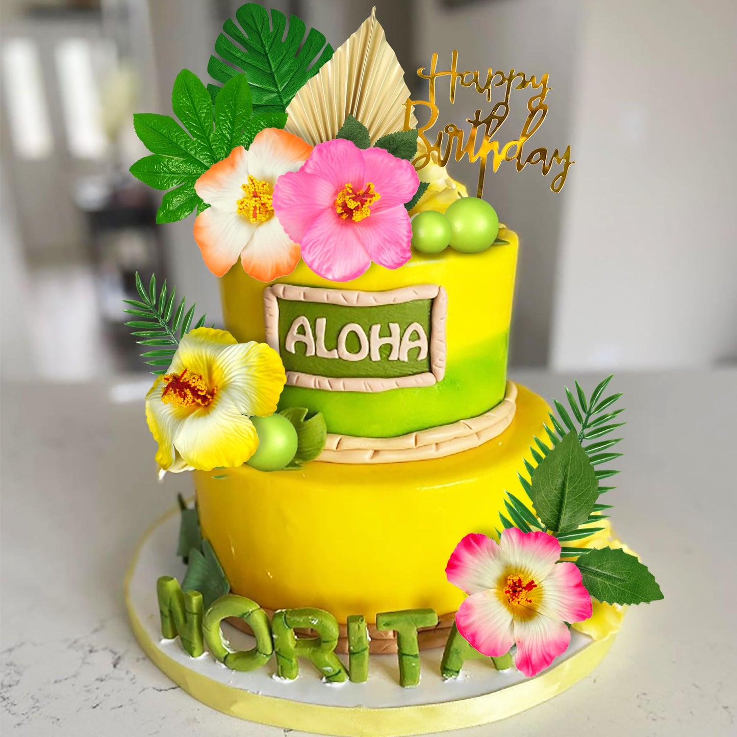 25 PCS Flower Cake Topper Hawaiian Cake Decorations with Palm Leaves Hibiscus Flowers Balls for Hawaii Aloha Jungle Summer Theme Wedding Birthday