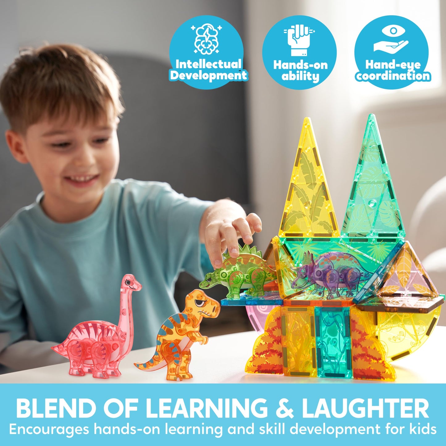 SYNCFUN Magnetic Building Tiles Dinosaur Set for Kids, 50PCS Including 5 Cute Dinosaurs, Educational STEM Toy for Boys & Girls Ages 3-5 4-8, Christmas