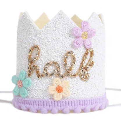 YOUAME Daisy Floral Half Birthday Hat - Flower Cake Smash Crown for 6 Month Baby, Half Way To One Party Crown, Sweet Mini Photo Prop
