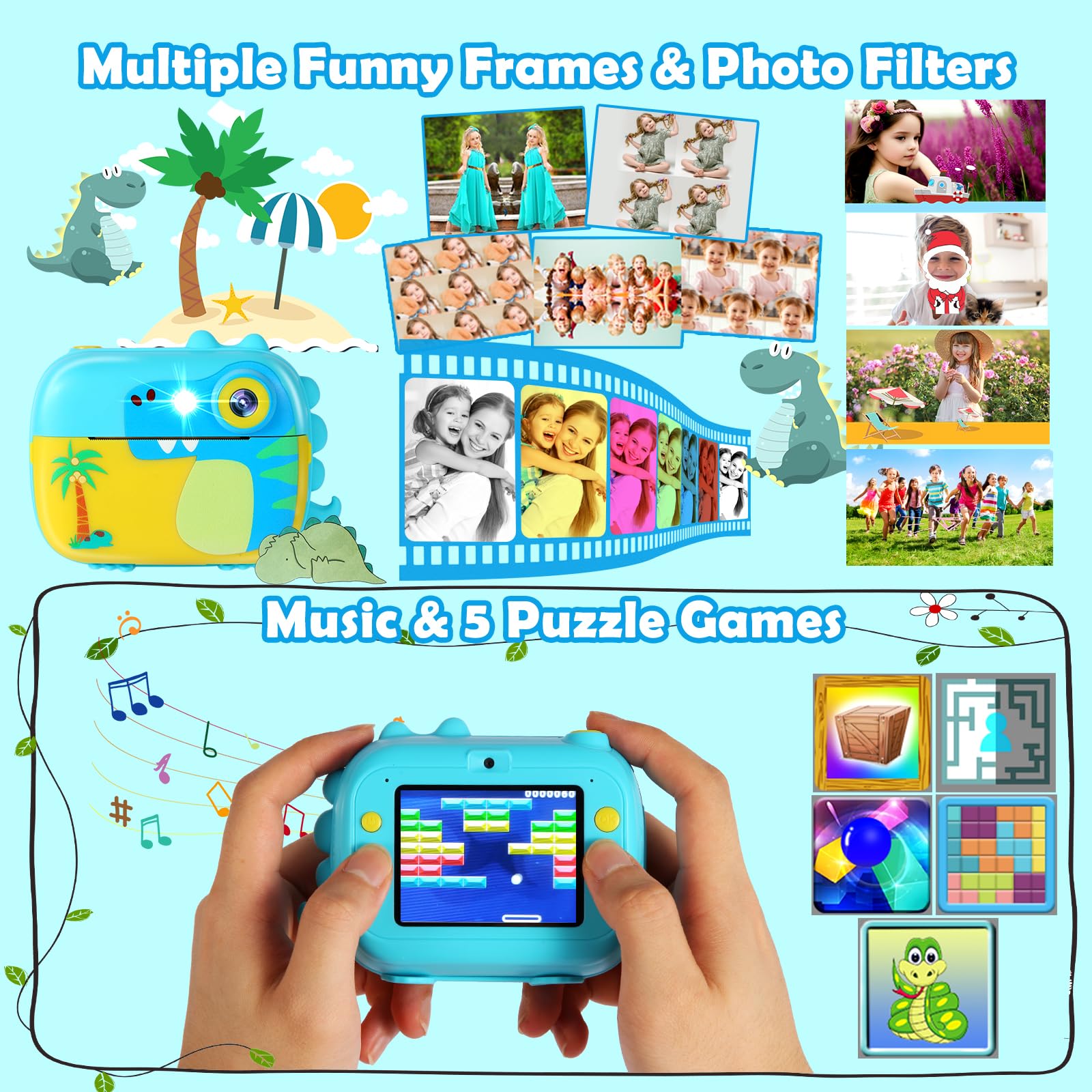 ARNSSIEN Kids Camera Instant Print with 7 Rolls Paper, 2.4" Screen Instant Camera for Kids, 1080P HD Video, Christmas Birthday Festival Present for