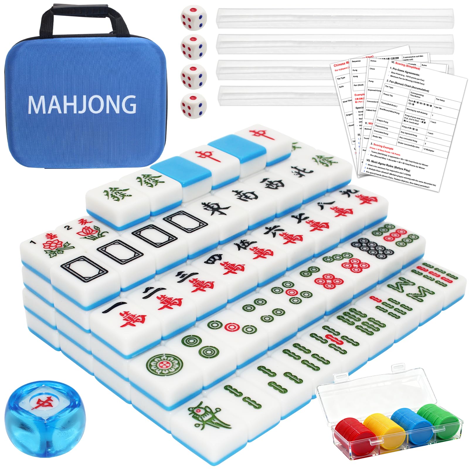 American Mahjong Game Set,Mahjong Set,Complete Mahjong Tile Set with 144 White Tiles (1.2’’),4 Tile rulers,4 dice,1 Bag,100 Chips,Instruction